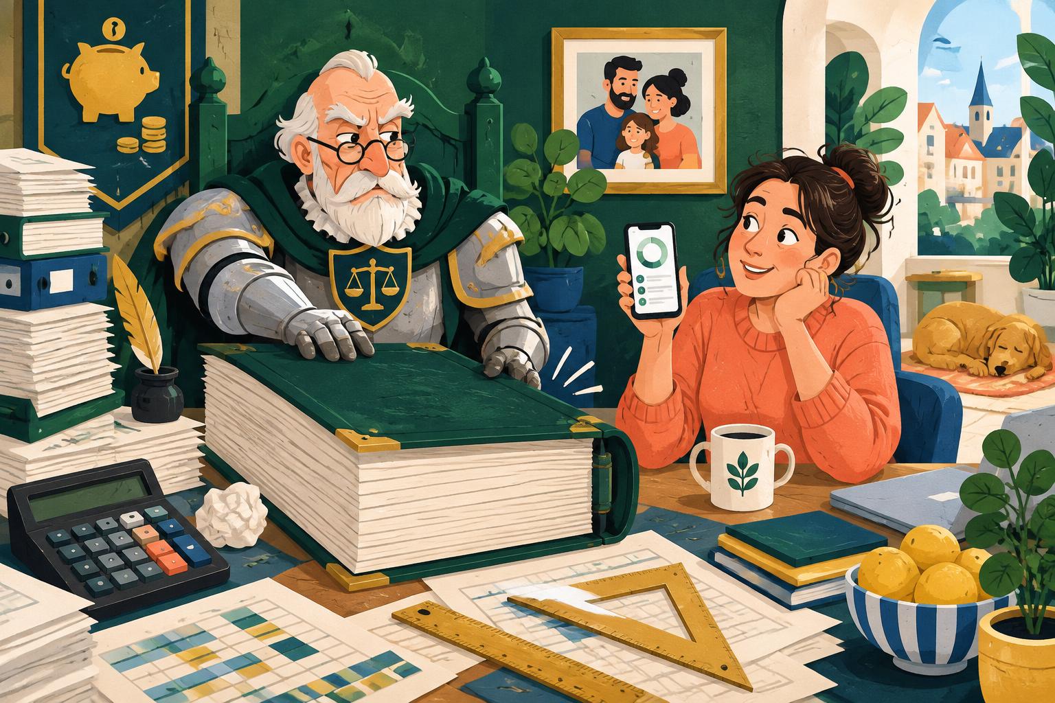 Sir Ledger with a giant account book beside a Family Wallet user